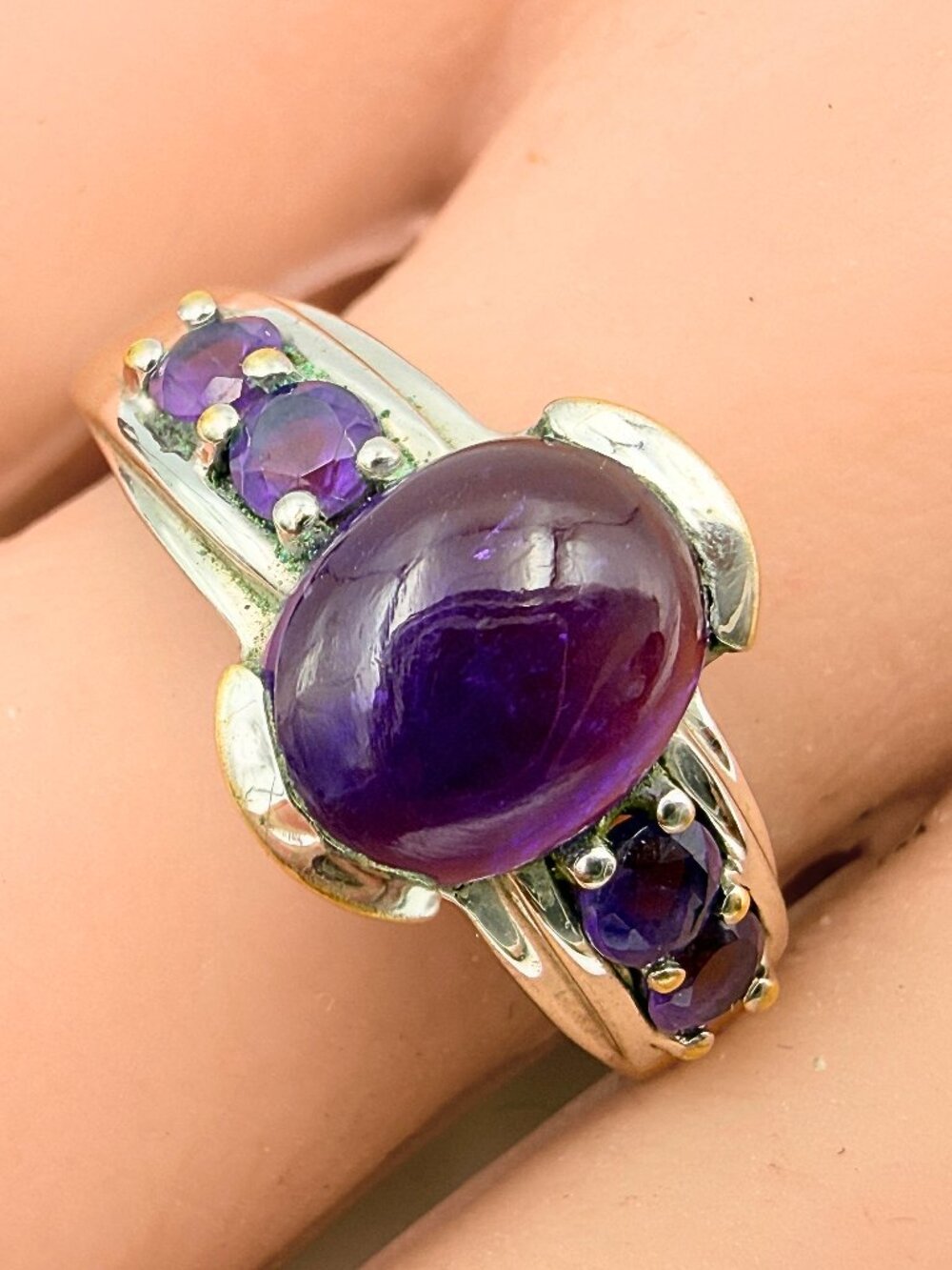 Gorgeous Karis Signed Silver Plate Amethyst Shadowbox Statement Ring Sz 9